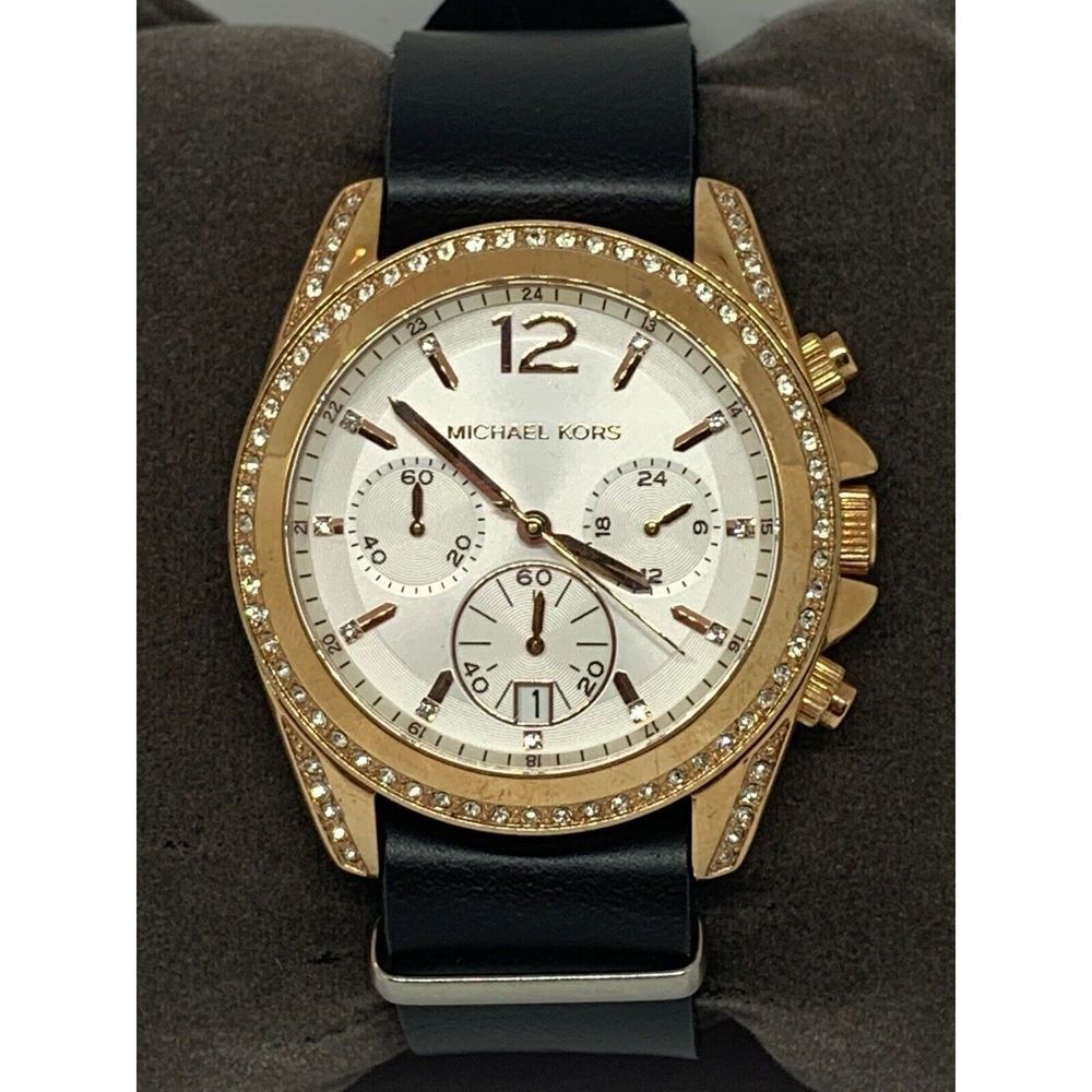 Michael Kors MK5836 Women's Black Leather Analog White Dial Quartz Watch GE278